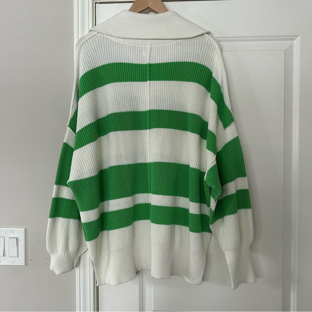 NWT Aerie Oversized Beyond Quarter Zip Sweater, Green and White Striped, Large - Picture 7 of 14